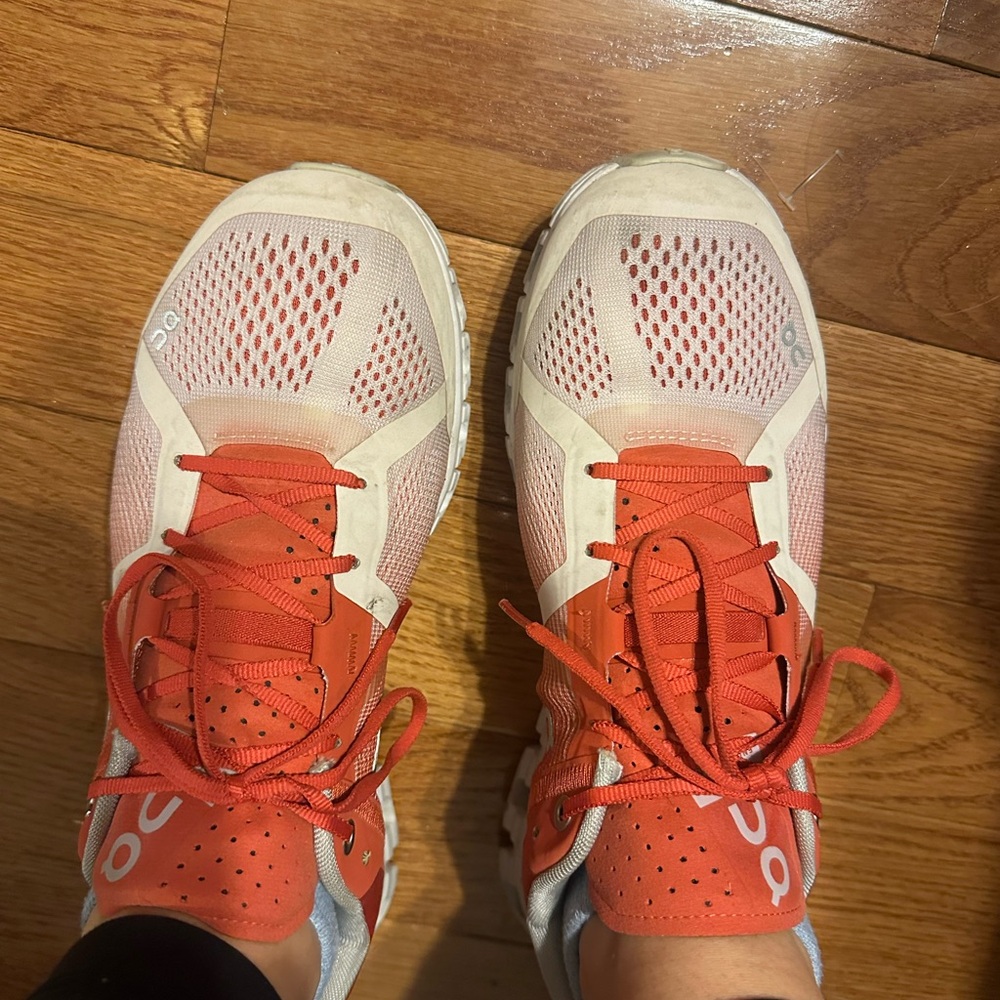 On Running (cloud) Red and White Sneakers